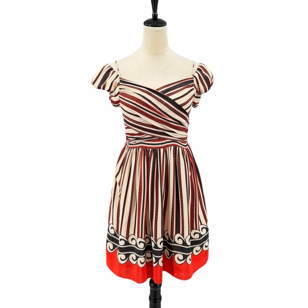 Anna Sui Target Bold Stripe 100% Silk Off the Shoulder Ruched Mini Party Dress